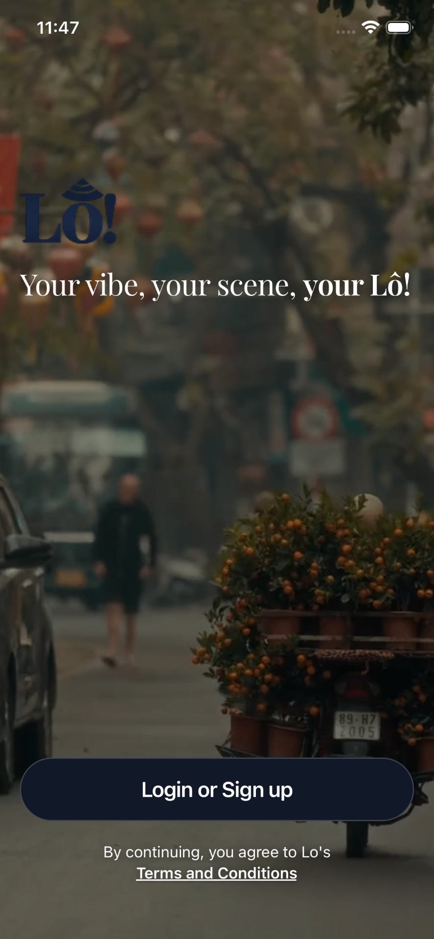 Lô! app login screen — Your vibe, your scene, your Lô!